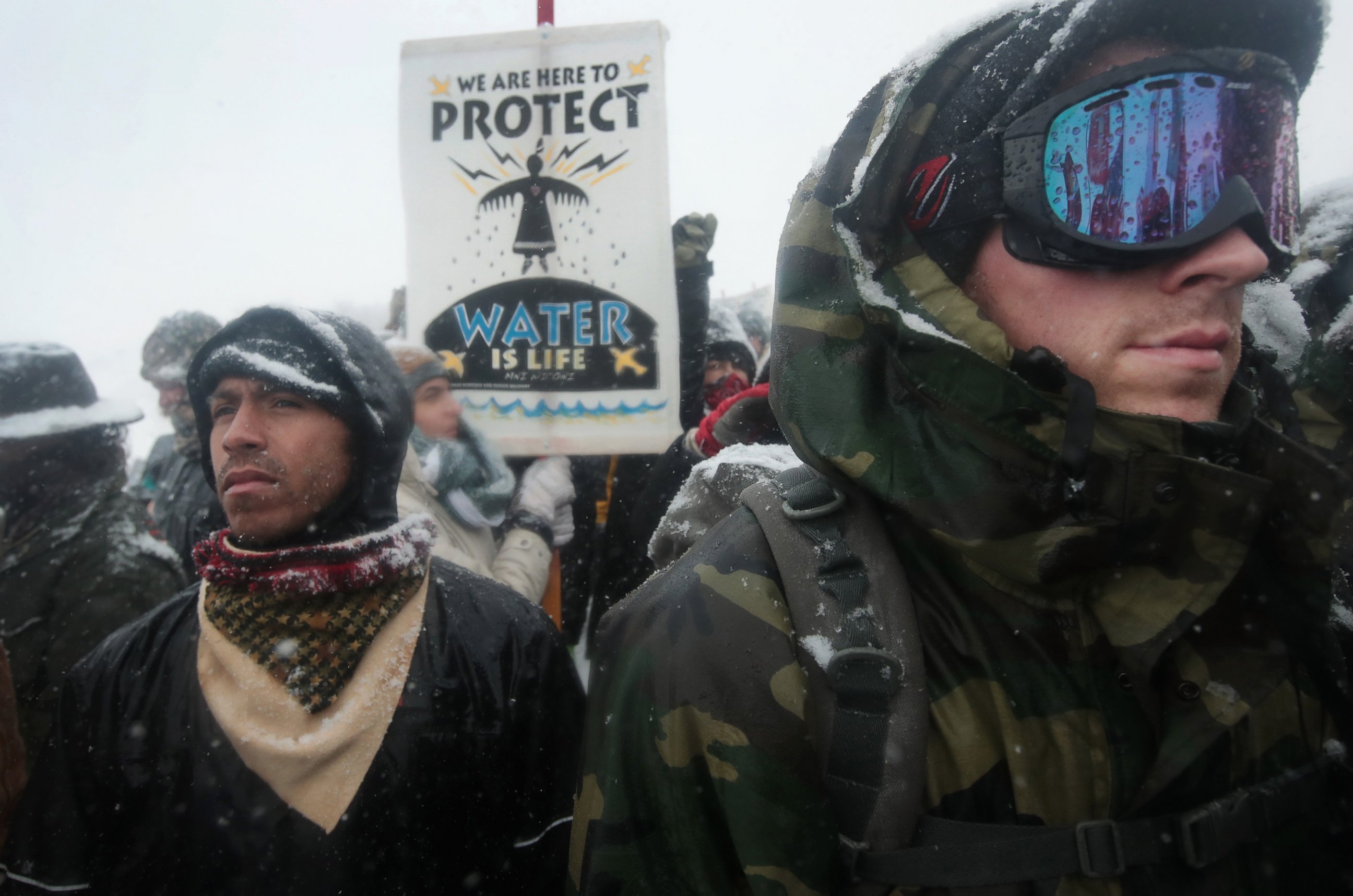 PHOTO: Despite blizzard conditions, military veterans march in support of the "water protectors" at Oceti Sakowin Camp on the edge of the Standing Rock Sioux Reservation, Dec. 5, 2016 outside Cannon Ball, North Dakota. 