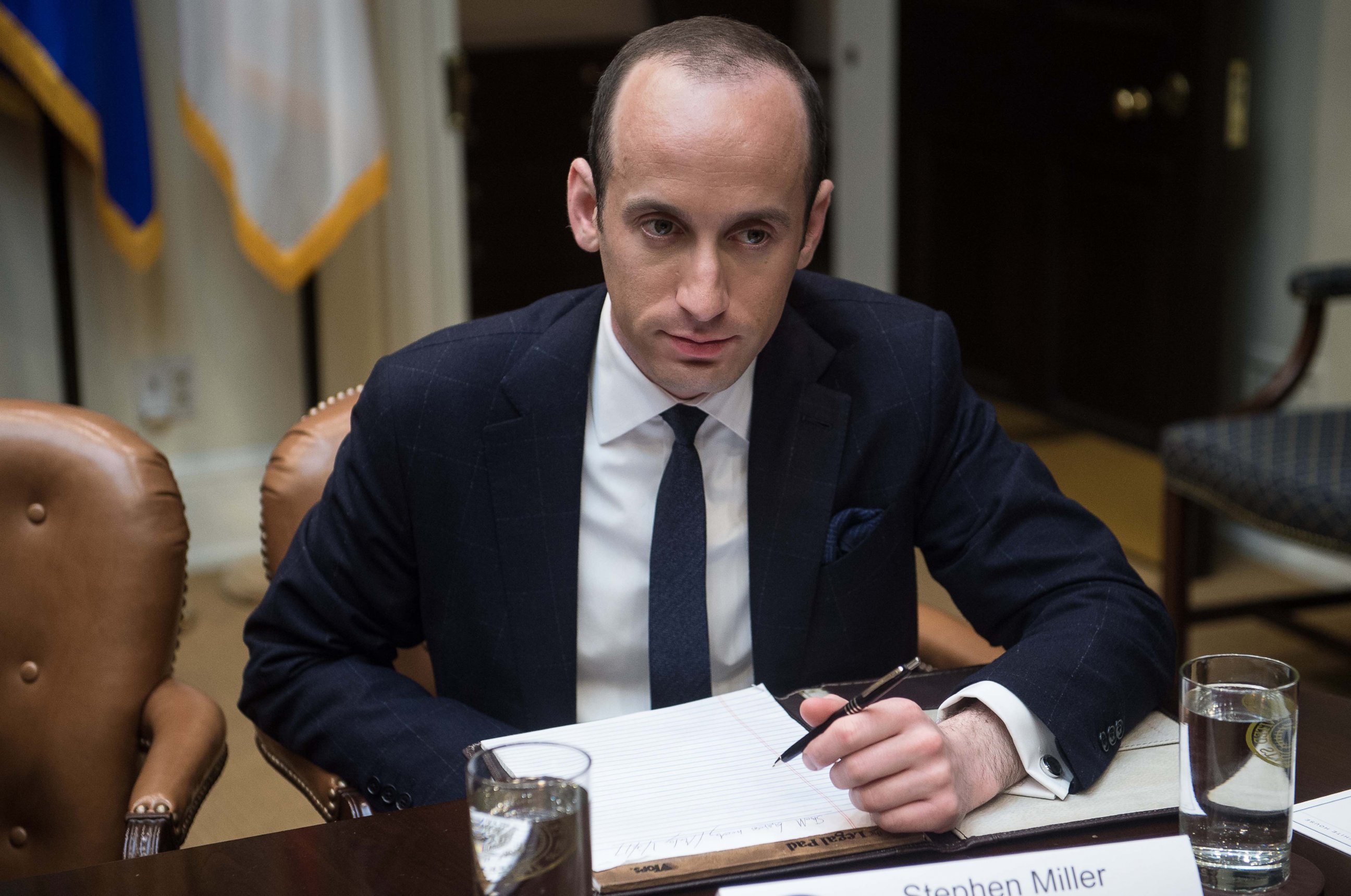 PHOTO: White House Senior Adviser Stephen Miller attends a meeting with President Donald Trump and small business leaders in the Roosevelt Room at the White House, Jan. 30, 2017 in Washington, D.C.