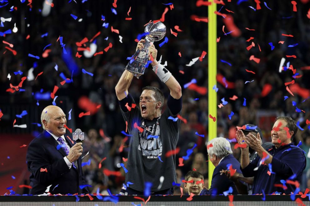 PHOTO: Tom Brady of the New England Patriots holds up the Vince Lombardi Trophy after defeating the Atlanta Falcons 34-28 during Super Bowl 51 at NRG Stadium in Houston, Feb. 5, 2017.