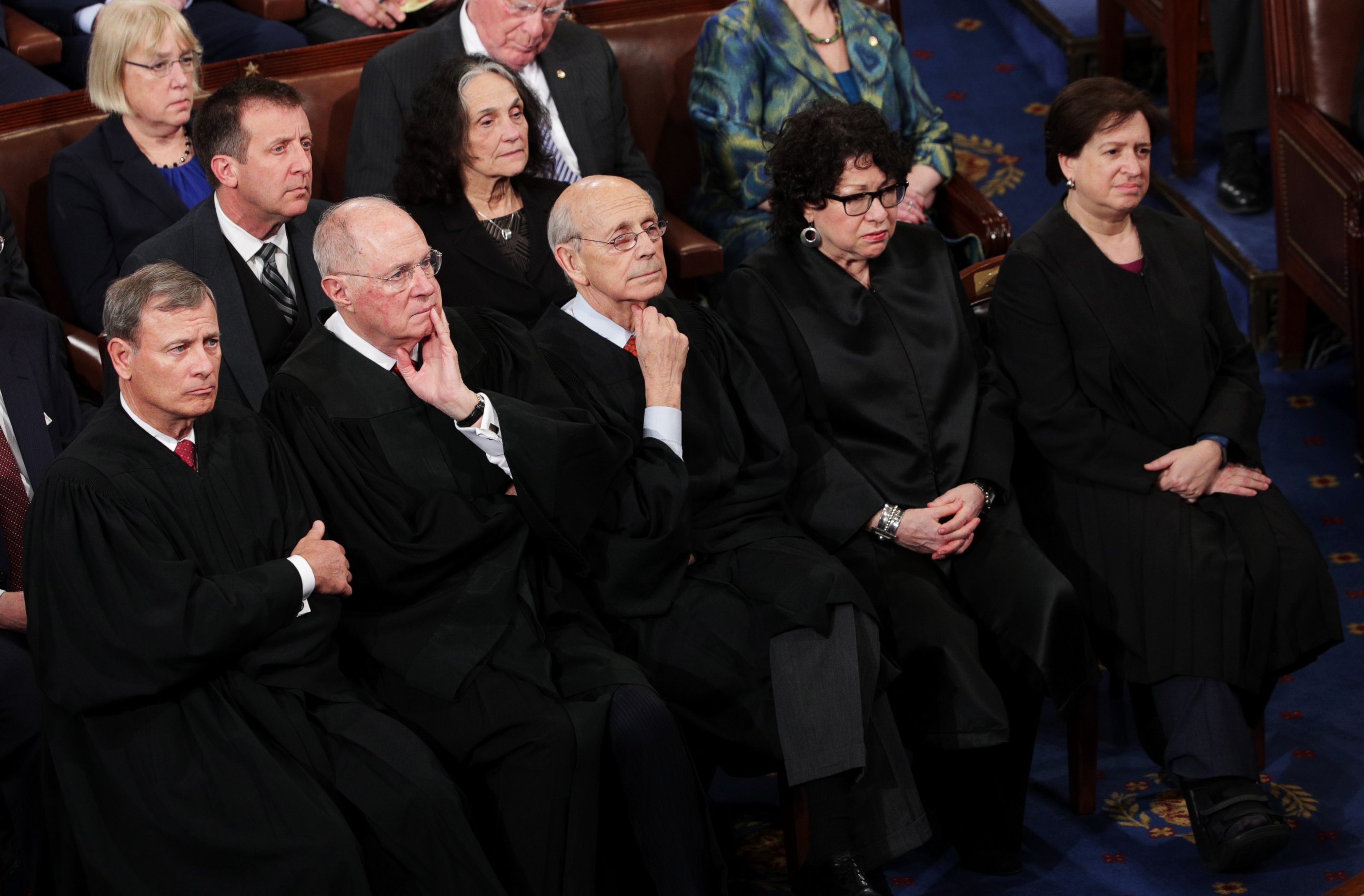 PHOTO: (L-R) Supreme Court Justices John Roberts, Anthony Kennedy, Stephen Breyer, Sonia Sotomayor and Elena Kagan look on as President Donald Trump addresses a joint session of Congress, Feb. 28, 2017. 