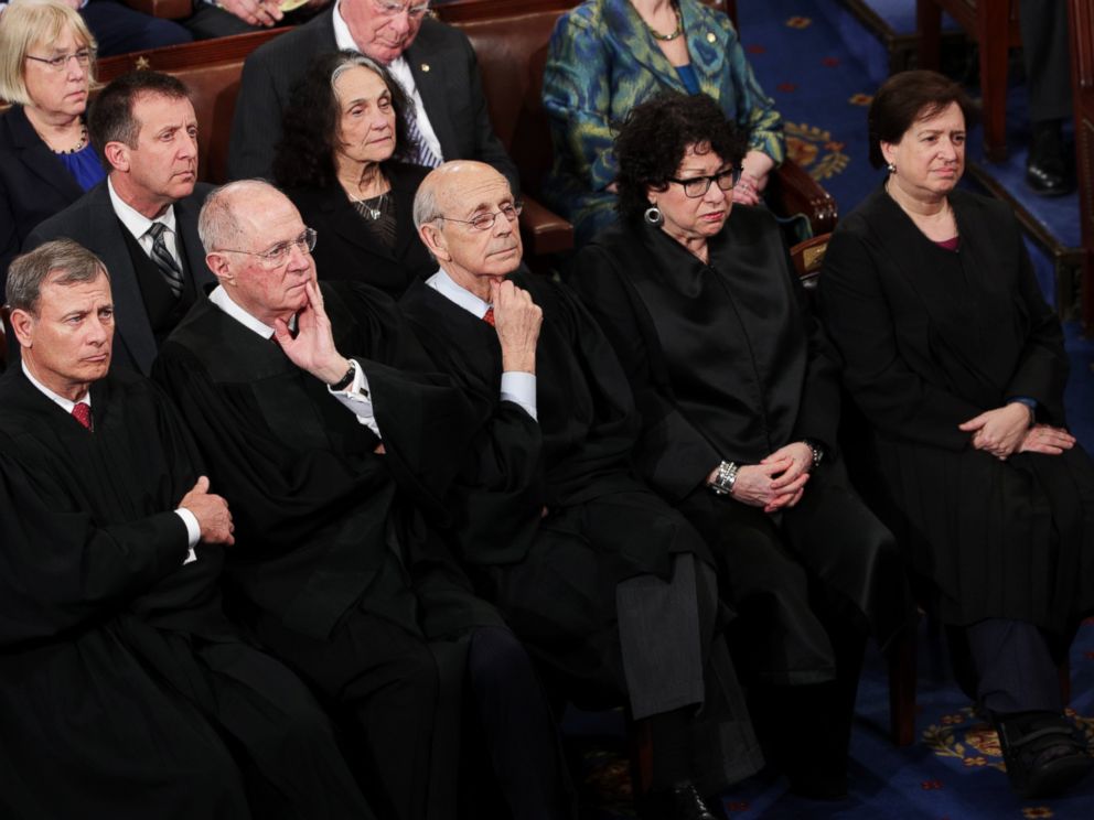 PHOTO: (L-R) Supreme Court Justices John Roberts, Anthony Kennedy, Stephen Breyer, Sonia Sotomayor and Elena Kagan look on as President Donald Trump addresses a joint session of Congress, Feb. 28, 2017.