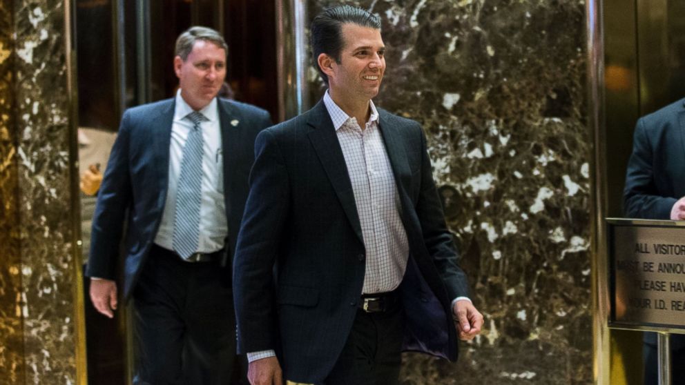 Donald Trump Jr. exits elevators at Trump Tower, Dec. 6, 2016, in New York. 