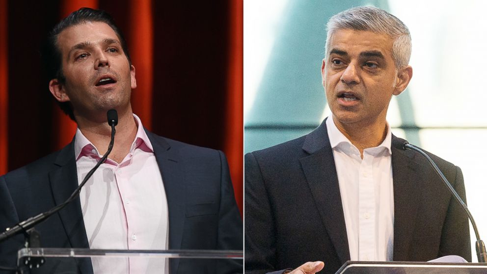 Donald Trump Jr. speaks at the 16th annual Outdoor Sportsman Awards, Jan. 21, 2016, in Las Vegas. London mayor Sadiq Khan makes a keynote speech at the International Zero Emission Bus Conference and Summit, Nov. 30, 2016, in London.