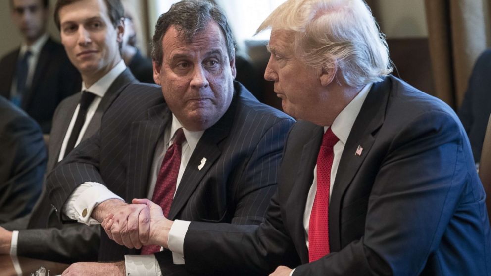 PHOTO: From left, White House senior adviser Jared Kushner, New Jersey Gov. Chris Christie and President Donald Trump attend a panel discussion on opioid and drug abuse in the Roosevelt Room of the White House, March 29, 2017. 