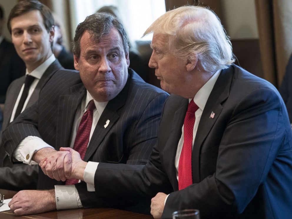 PHOTO: From left, White House senior adviser Jared Kushner, New Jersey Gov. Chris Christie and President Donald Trump attend a panel discussion on opioid and drug abuse in the Roosevelt Room of the White House, March 29, 2017.