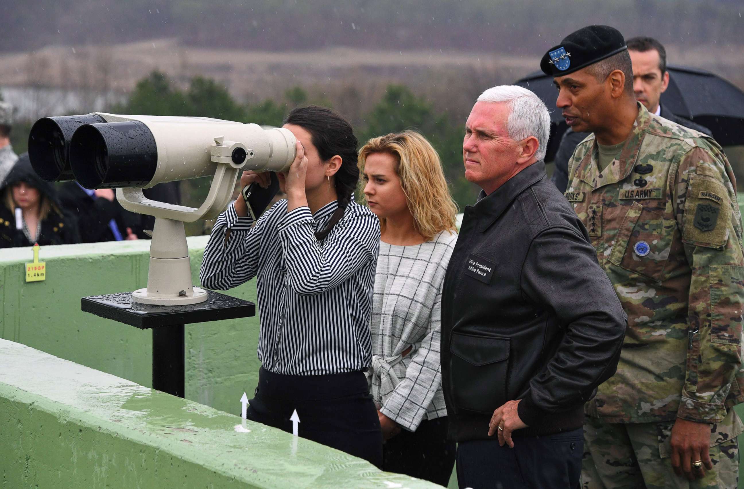 PHOTO: Vice President Mike Pence visits Observation Post Ouellette in the Demilitarized Zone (DMZ) on the border between North and South Korea with his daughters Audrey and Charlotte, and U.S. Gen. Vincent Brooks, right, April 17, 2017.