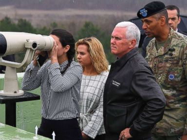 PHOTO: Vice President Mike Pence visits Observation Post Ouellette in the Demilitarized Zone (DMZ) on the border between North and South Korea with his daughters Audrey and Charlotte, and U.S. Gen. Vincent Brooks, right, April 17, 2017.