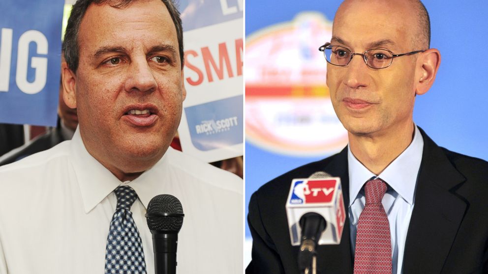 New Jersey Governor Chris Christie, seen left in this Oct. 8, 2014 file photo and NBA Commissioner Adam Silver, seen right in this Oct. 12, 2014 file photo. 
