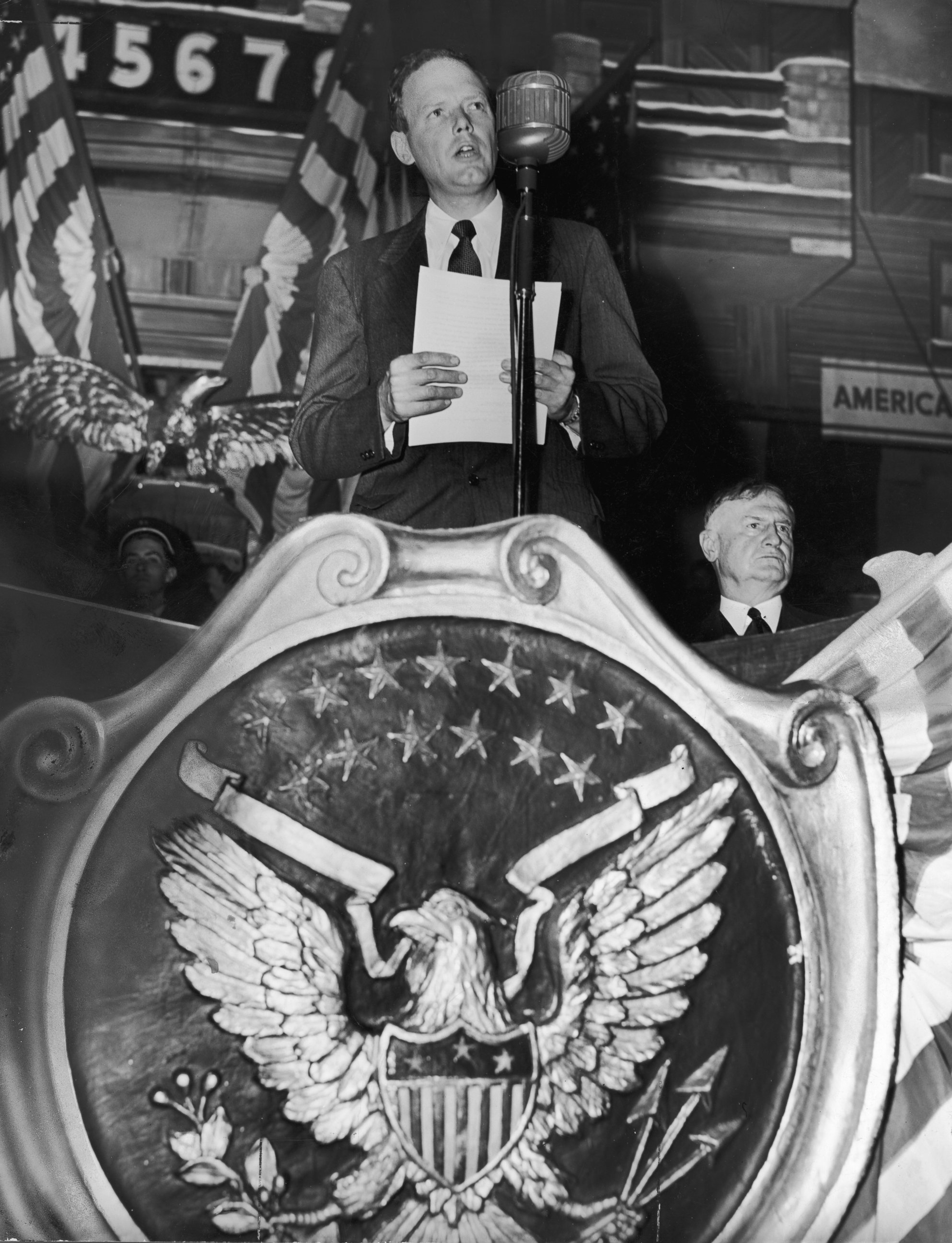 PHOTO: Charles Lindbergh speaks to a large crowd of America First Committee supporters in 1941.
