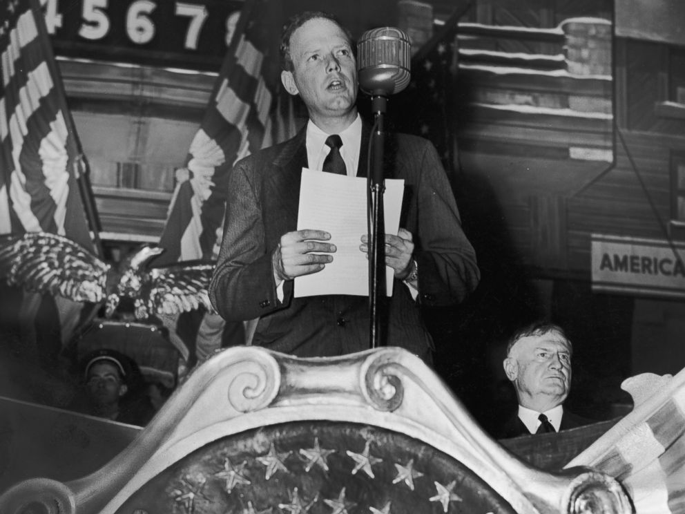 PHOTO: Charles Lindbergh speaks to a large crowd of America First Committee supporters in 1941.