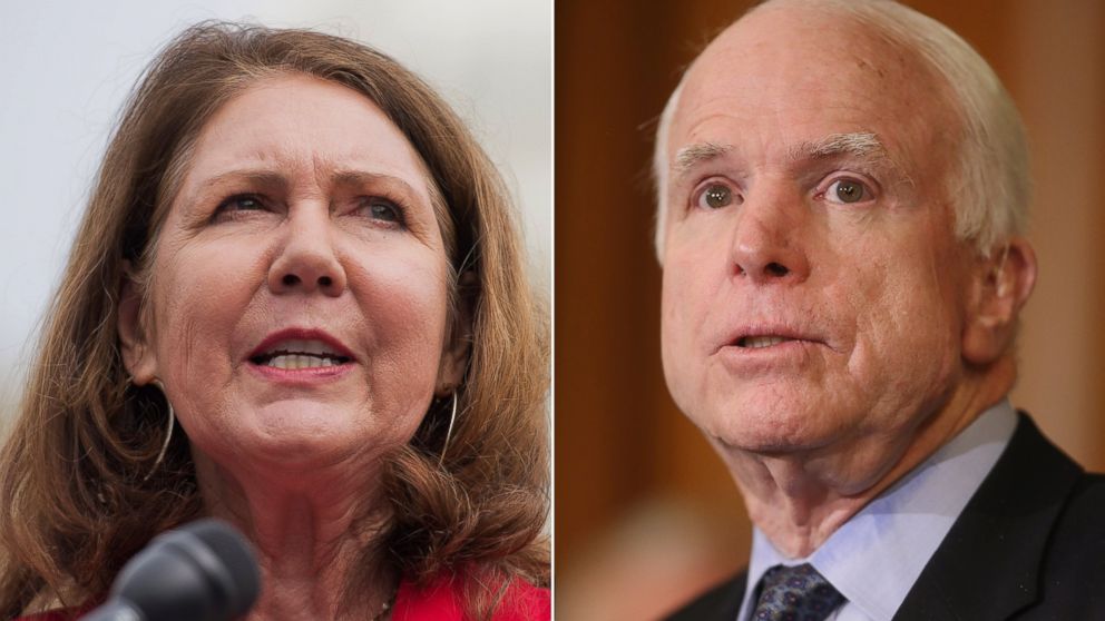 Representative Ann Kirkpatrick speaks during a news conference at the House Triangle in Washington, D.C. on May 7, 2014 and Senator John McCain speaks at the U.S. Capitol, Feb. 10, 2015.