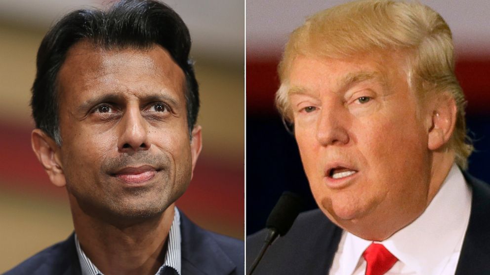 Bobby Jindal speaks in Ames, Iowa on July 18, 2015 and Donald Trump speaks in Dubuque, Iowa on Aug. 25, 2015.