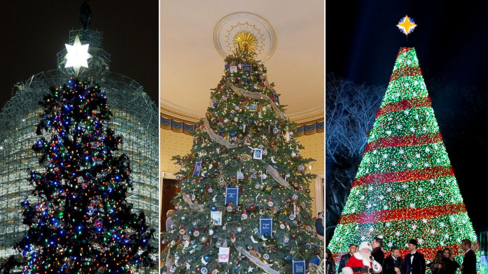 The US Capitol tree, left, the White House Christmas tree, center, and the National Christmas tree, right, Washington. 