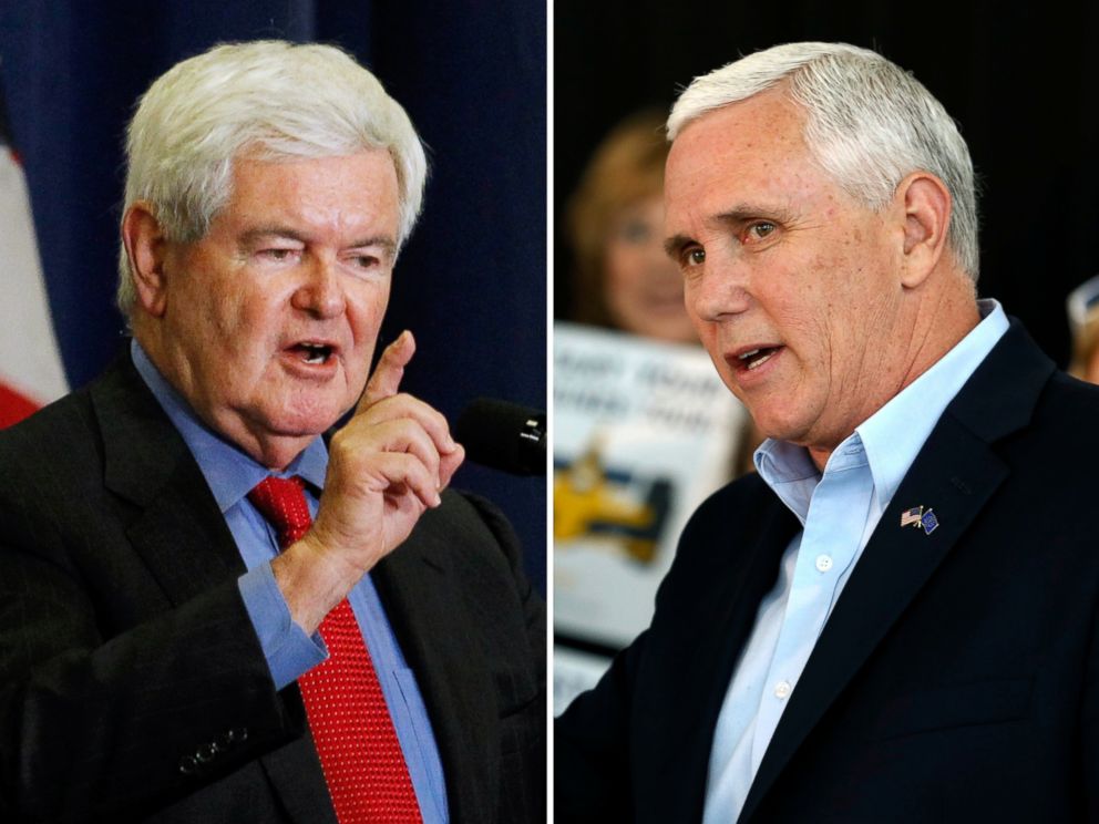 PHOTO: Former Speaker of the House Newt Gingrich appears at a Trump rally in Ohio on July 6, 2016 and Gov. Mike Pence appears at an election event in Indianapolis on May 11, 2016.