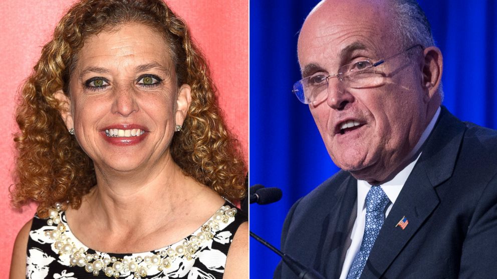 Congresswoman Debbie Wasserman Schultz, left, on Feb. 6, 2015 and Rudy Giuliani, right, is seen in this May 12, 2014 file photo. 