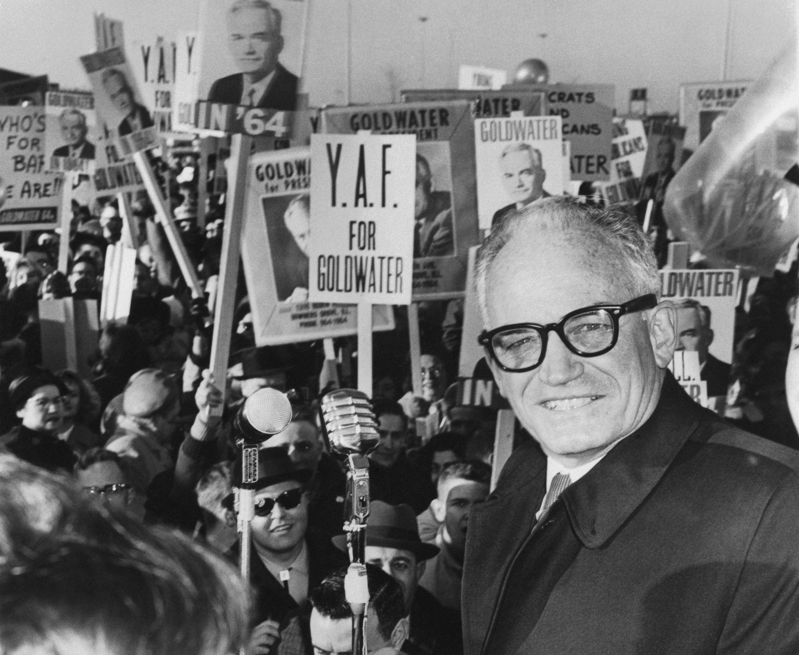 PHOTO: Senator Barry Goldwater (R-Arizona) arrives at O'Hare International Airport to continue his campaign for the Presidency of the United States, Feb. 08, 1964.