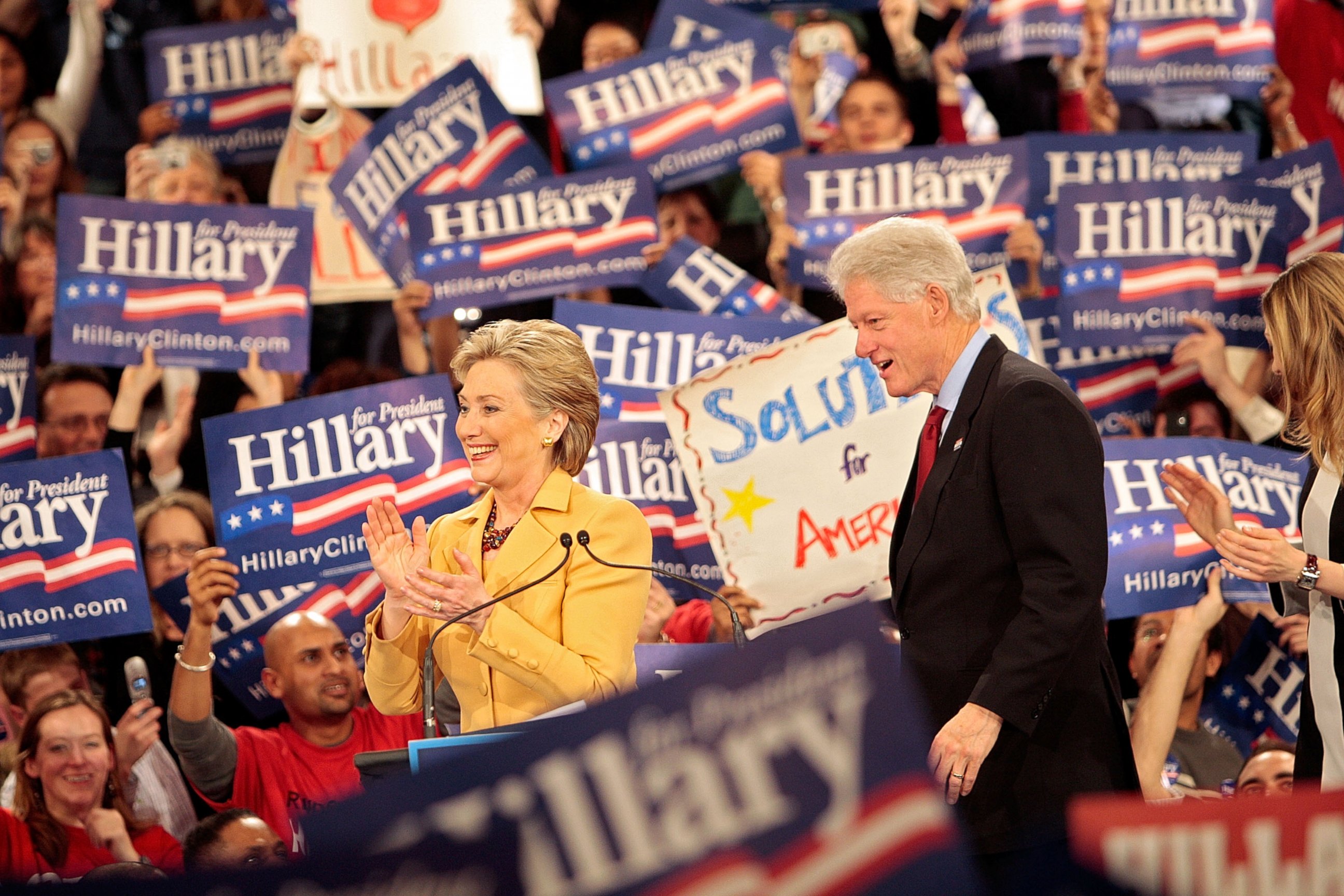 PHOTO: Democratic presidential hopeful Sen. Hillary Clinton and former U.S. president Bill Clinton take the stage at a "Super Tuesday" primary night rally at Manhattan Center Studios on Feb. 5, 2008 in New York City. 