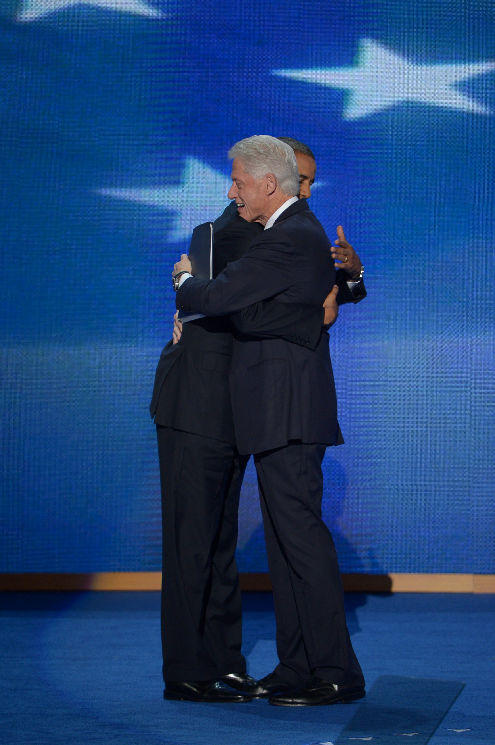 PHOTO: Bill Clinton hugs Pres. Barack Obama after he addressed the 2012 Democratic National Convention at the Time Warner Center, Sept. 5, 2012 in Charlotte, N.C. 