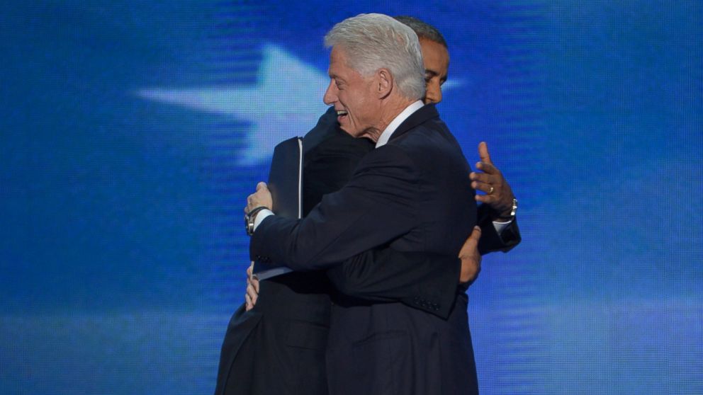 PHOTO: Bill Clinton hugs Pres. Barack Obama after he addressed the 2012 Democratic National Convention at the Time Warner Center, Sept. 5, 2012 in Charlotte, N.C. 