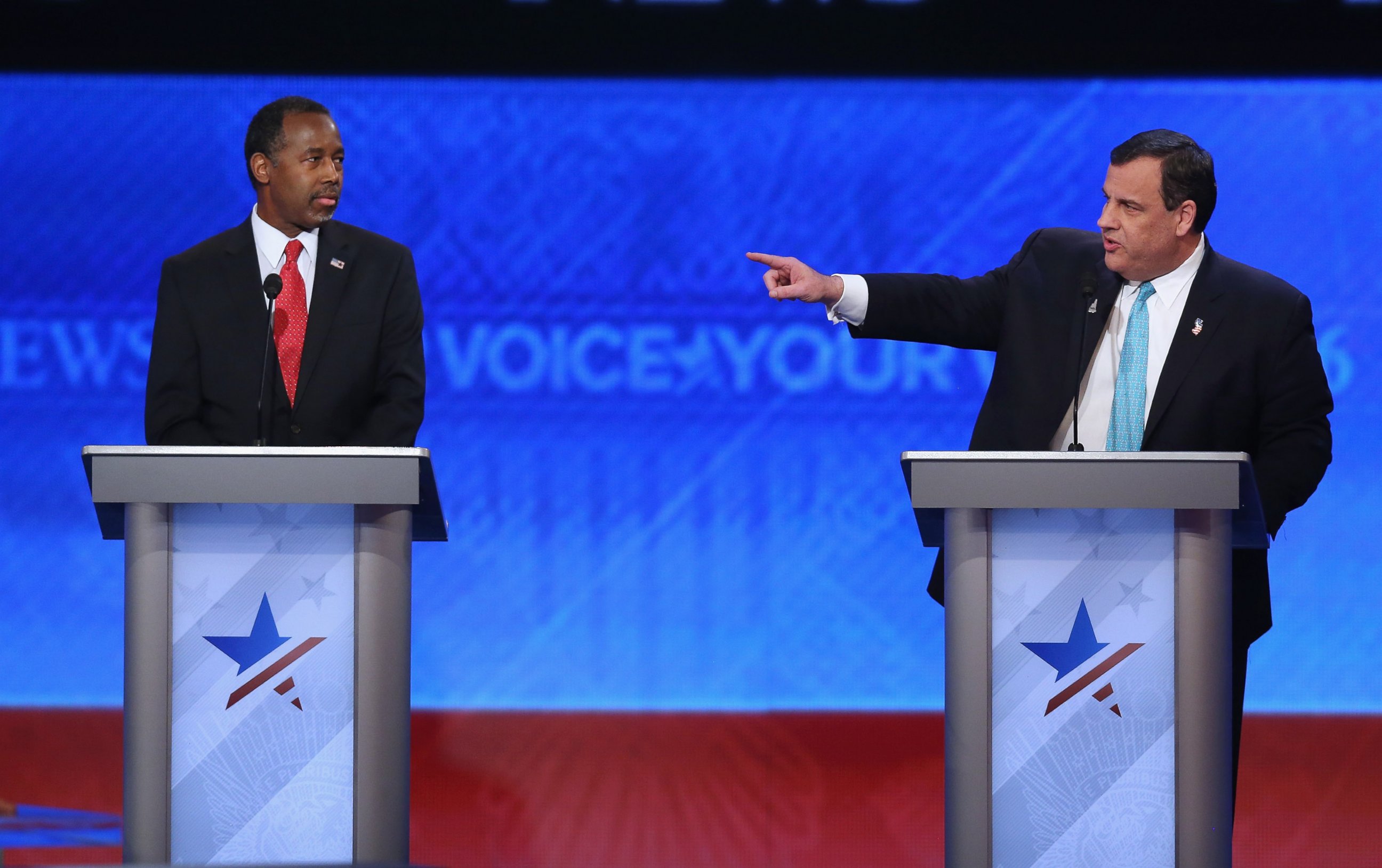 PHOTO: Republican presidential candidate Gov. Chris Christie participates in the Republican presidential debate at St. Anselm College on Feb. 6, 2016, in Manchester, New Hampshire.