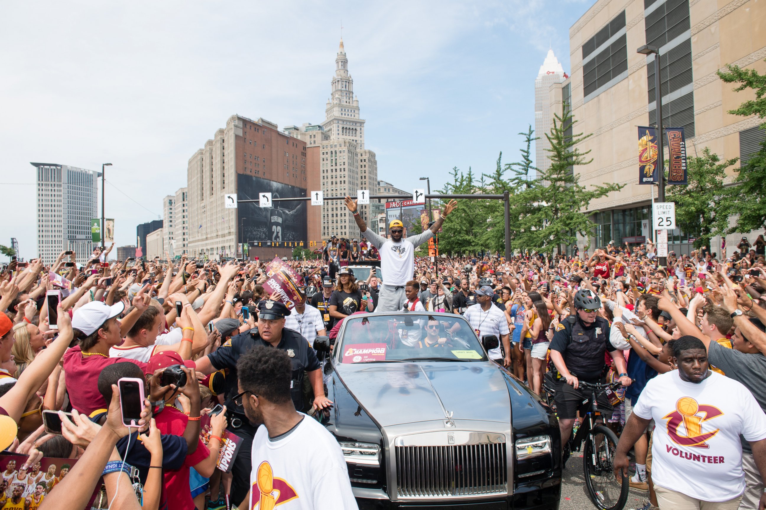 PHOTO: LeBron James of the Cleveland Cavaliers celebrates during the Cleveland Cavaliers 2016 championship victory parade and rally on June 22, 2016 in Cleveland, Ohio.