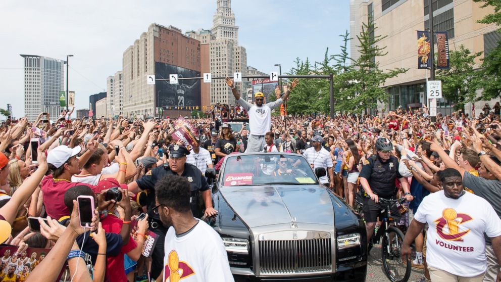 PHOTO: LeBron James of the Cleveland Cavaliers celebrates during the Cleveland Cavaliers 2016 championship victory parade and rally on June 22, 2016 in Cleveland, Ohio.
