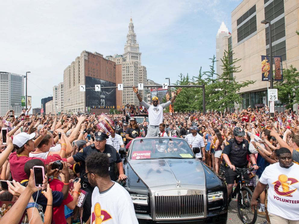 PHOTO: LeBron James of the Cleveland Cavaliers celebrates during the Cleveland Cavaliers 2016 championship victory parade and rally on June 22, 2016 in Cleveland, Ohio.