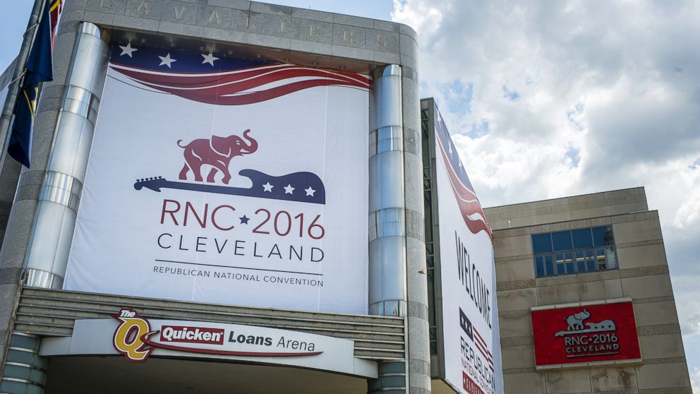 PHOTO: Quicken Loans Arena is decorated to welcome the Republican National Convention on July 11, 2016 in Cleveland, Ohio. The convention will be held at the arena July 18-21, 2016. 