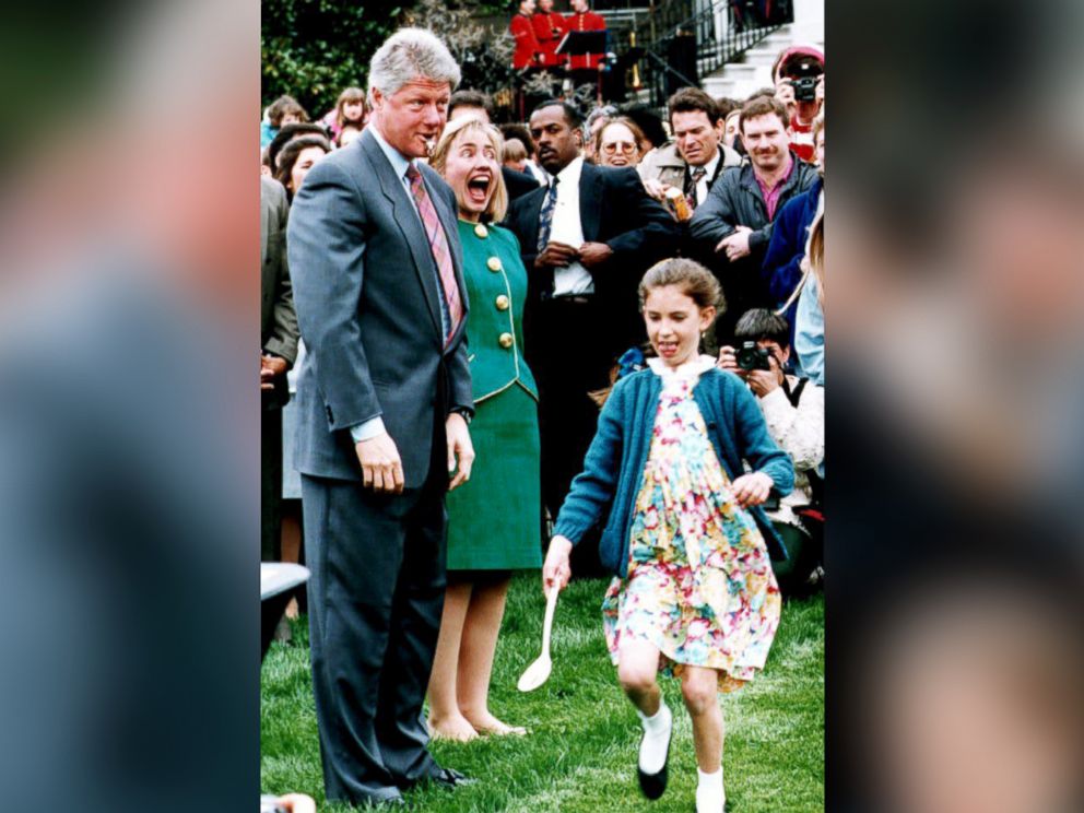 PHOTO:  First Lady Hillary Clinton reacts as President Bill Clinton blows a whistle to officially signal the start April 12, 1993 of the annual White House Easter egg hunt.