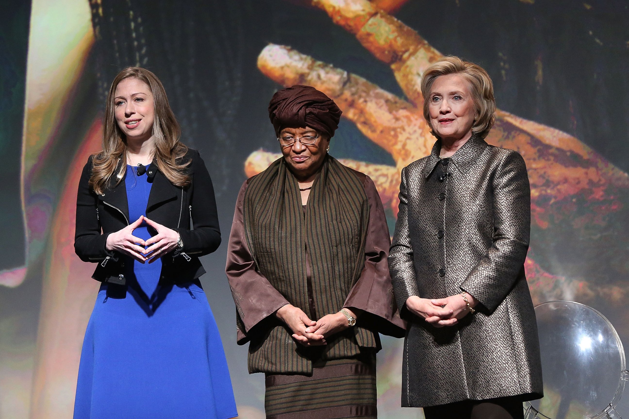 PHOTO: Hillary Clinton (right) joins Clinton Foundation Vice Chair Chelsea Clinton and Liberian President Ellen Johnson Sirleaf, March 9, 2015, in New York. 