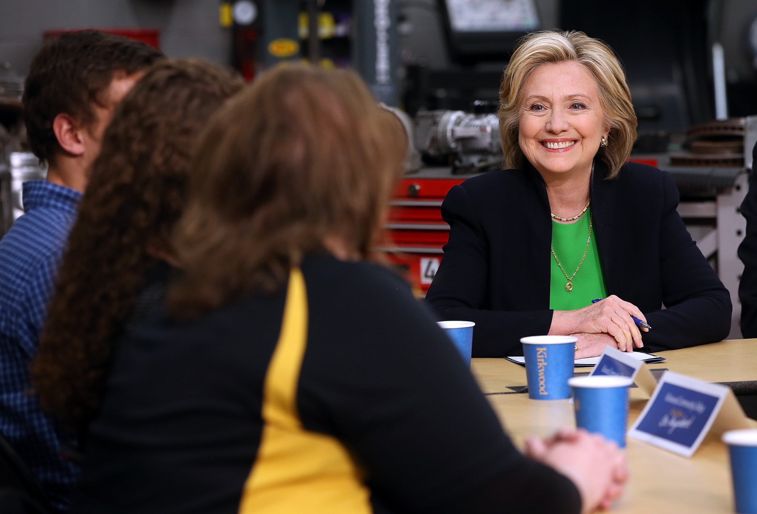 PHOTO: Democratic presidential hopeful and former Secretary of State Hillary Clinton speaks during a roundtable discussion on April 14, 2015 in Monticello, Iowa. 