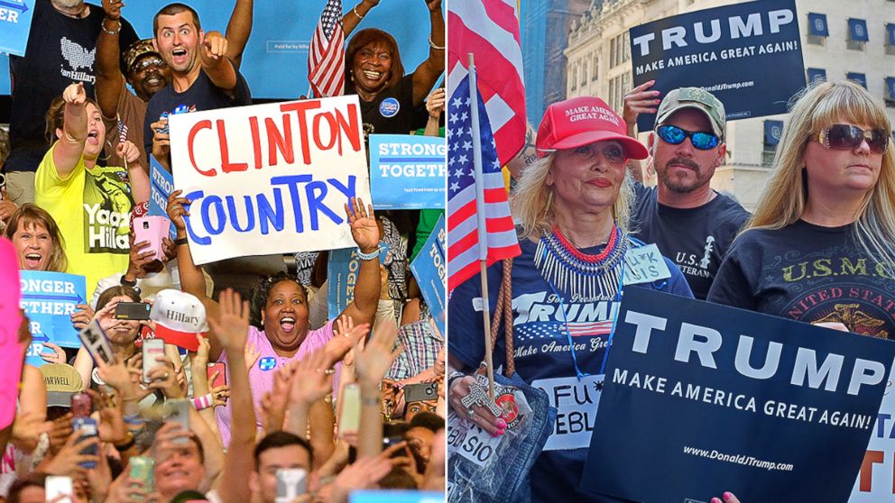 PHOTO: Supporters cheer for Hillary Clinton during a campaign event, June 22, 2016, in Raleigh, North Carolina. Supporters of Donald Trump gathered in front of Trump Tower to voice their support for the billionaire developer, June 25, 2016. 