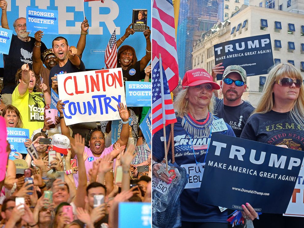 PHOTO: Supporters cheer for Hillary Clinton during a campaign event, June 22, 2016, in Raleigh, North Carolina. Supporters of Donald Trump gathered in front of Trump Tower to voice their support for the billionaire developer, June 25, 2016. 