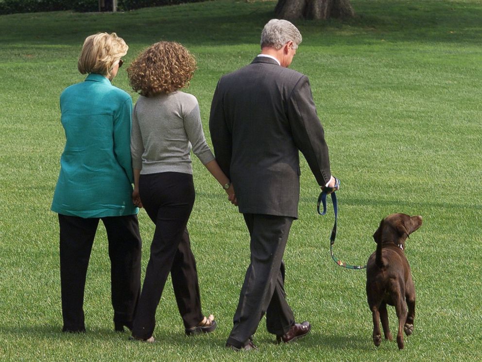 PHOTO: Hillary, Chelsea  and Bill Clinton depart the White House in Washington with their dog Buddy on their way to a two-week vacation in Martha's Vineyard, Massachusetts. Aug. 18, 1998.