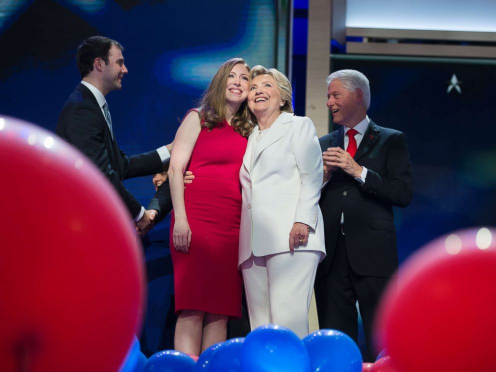 PHOTO: Hillary Clinton, and her daughter Chelsea, appear on stage at the Wells Fargo Center in Philadelphia, Pa., on the final night of the Democratic National Convention, July 28, 2016.