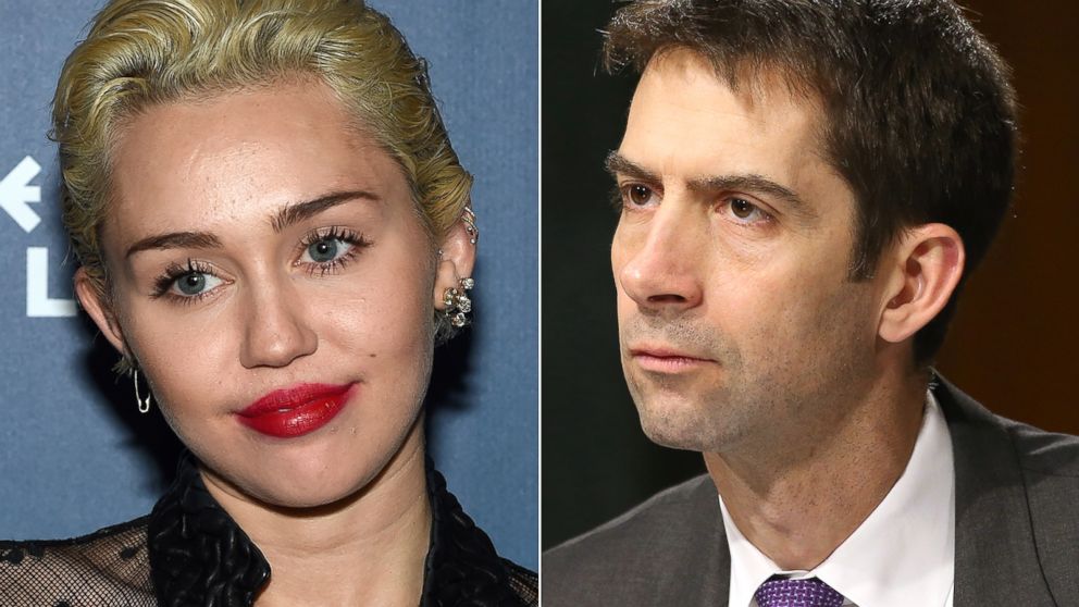 PHOTO: Singer Miley Cyrus, right, told her Twitter followers to call the office of Sen. Tom Cotton, R-Arkansas, following his comments on the Arkansas religious-freedom bill.