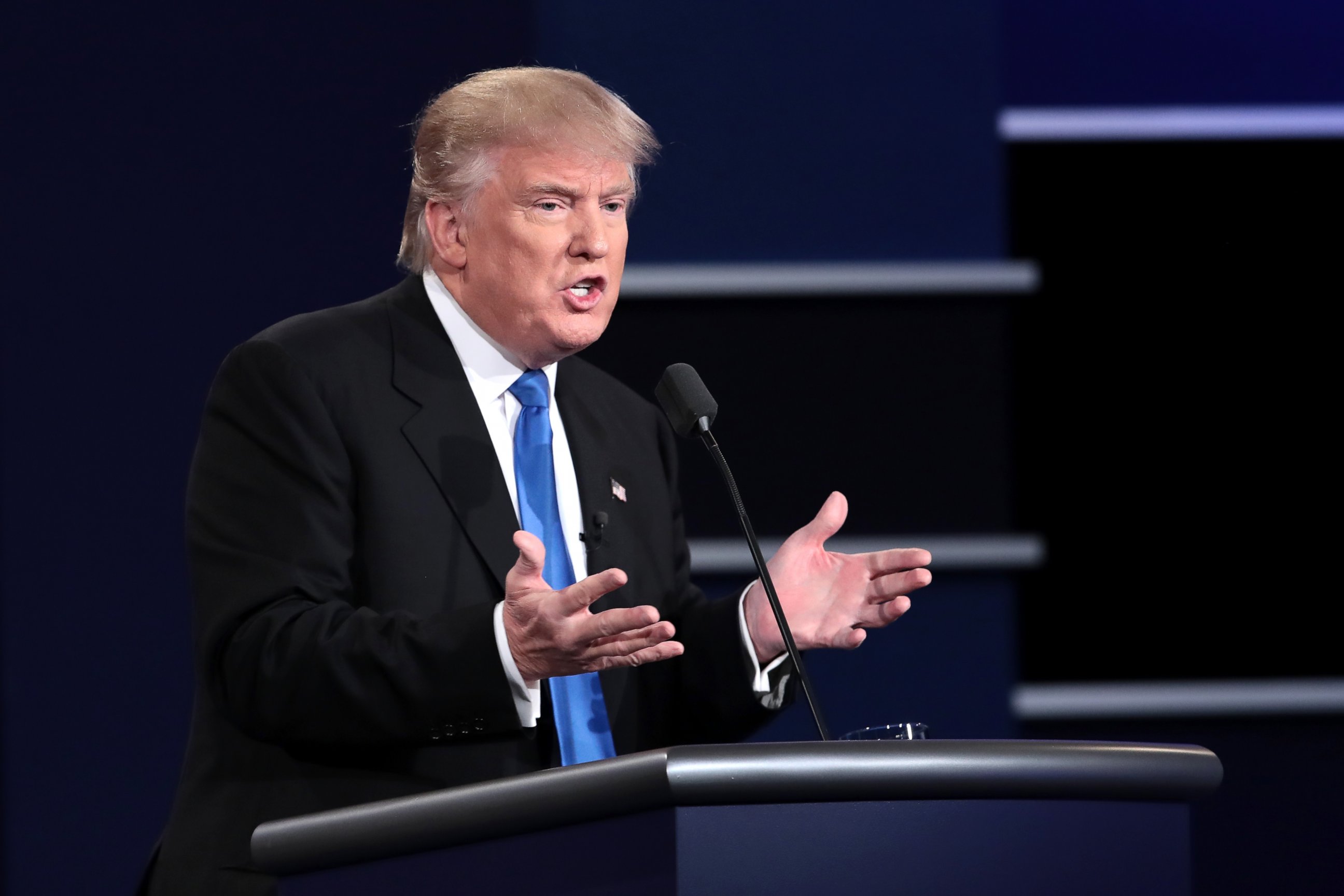 PHOTO: Republican presidential nominee Donald Trump speaks during the Presidential Debate at Hofstra University on September 26, 2016 in Hempstead, New York.