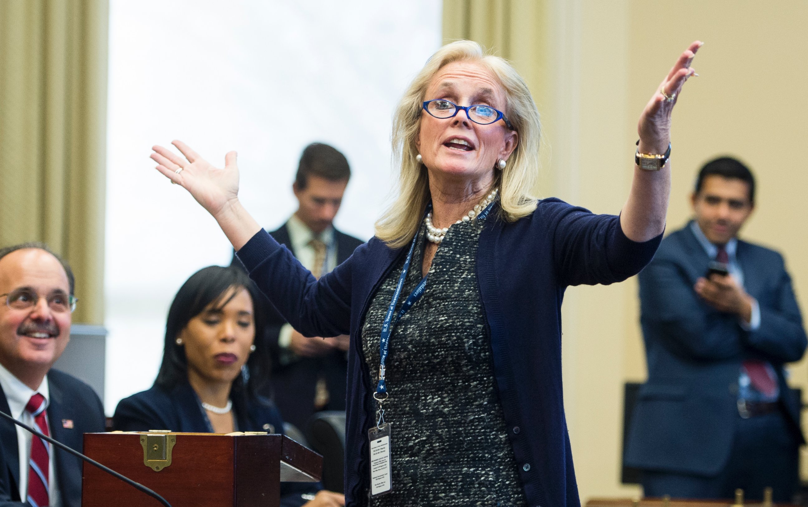 PHOTO: Rep.-Elect Debbie Dingell reacts after drawing the 40th pick in the room lottery draw for the incoming members of the 114th Congress on Nov. 19, 2014.