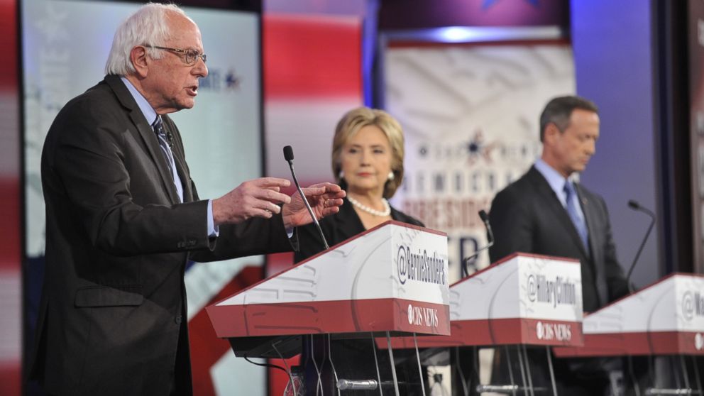 Sen. Bernie Sanders, former U.S. Secretary of State Hillary Clinton and former Maryland Governor Martin O'Malley attend a Democratic presidential debate at Drake University in Des Moines, Iowa, Nov. 14, 2015.