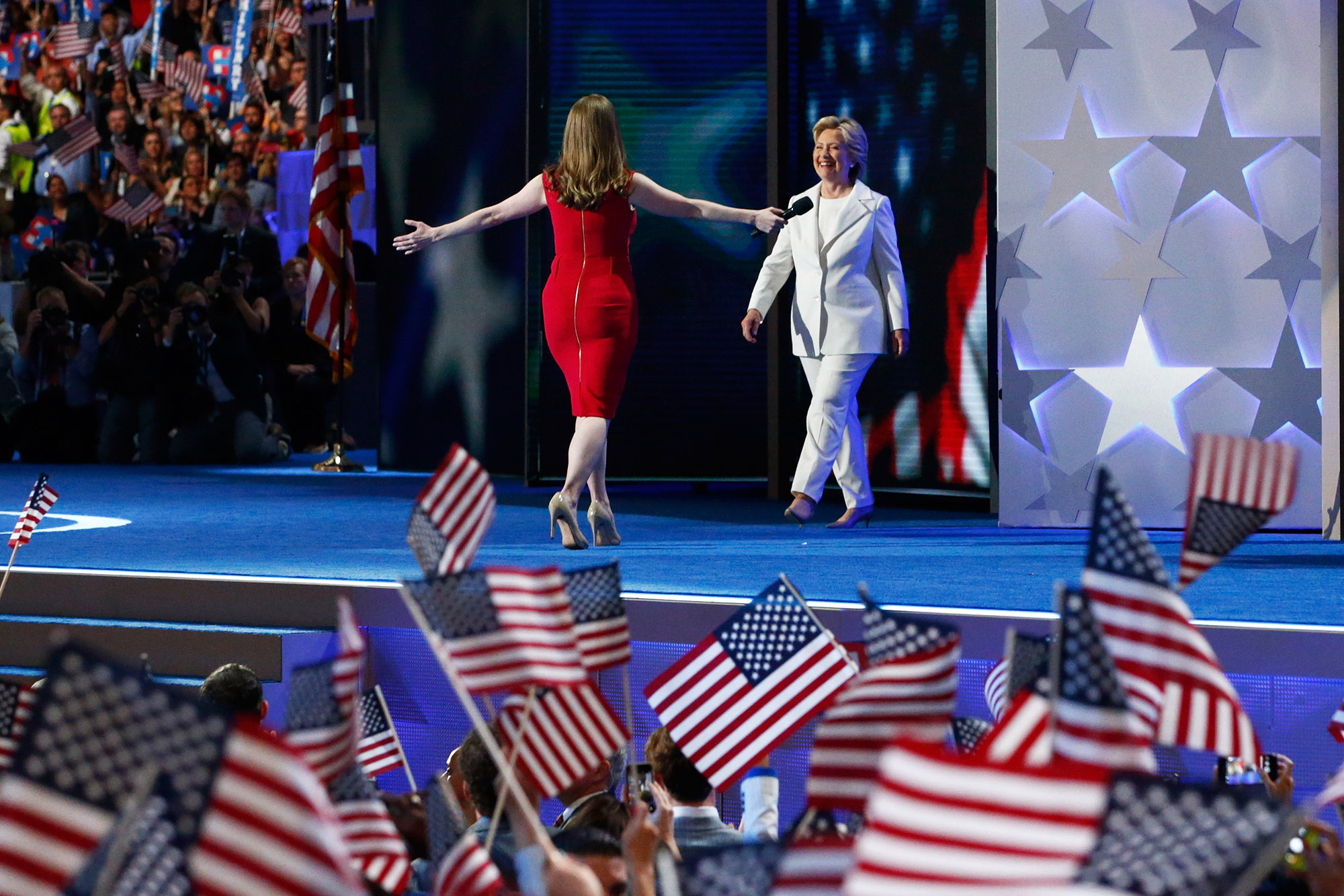 PHOTO: Democratic presidential nominee Hillary Clinton arrives on stage after her daughter Chelsea Clinton introduced her on the fourth day of the Democratic National Convention, July 28, 2016 in Philadelphia.