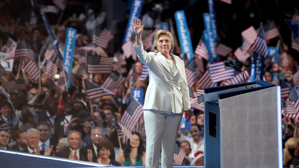 PHOTO: Democratic presidential nominee Hillary Clinton waves to the crowd as she arrives on stage during the fourth day of the Democratic National Convention, July 28, 2016, in Philadelphia.