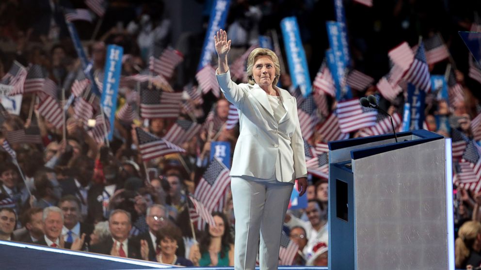 Democratic presidential nominee Hillary Clinton waves to the crowd as she arrives on stage during the fourth day of the Democratic National Convention, July 28, 2016, in Philadelphia.