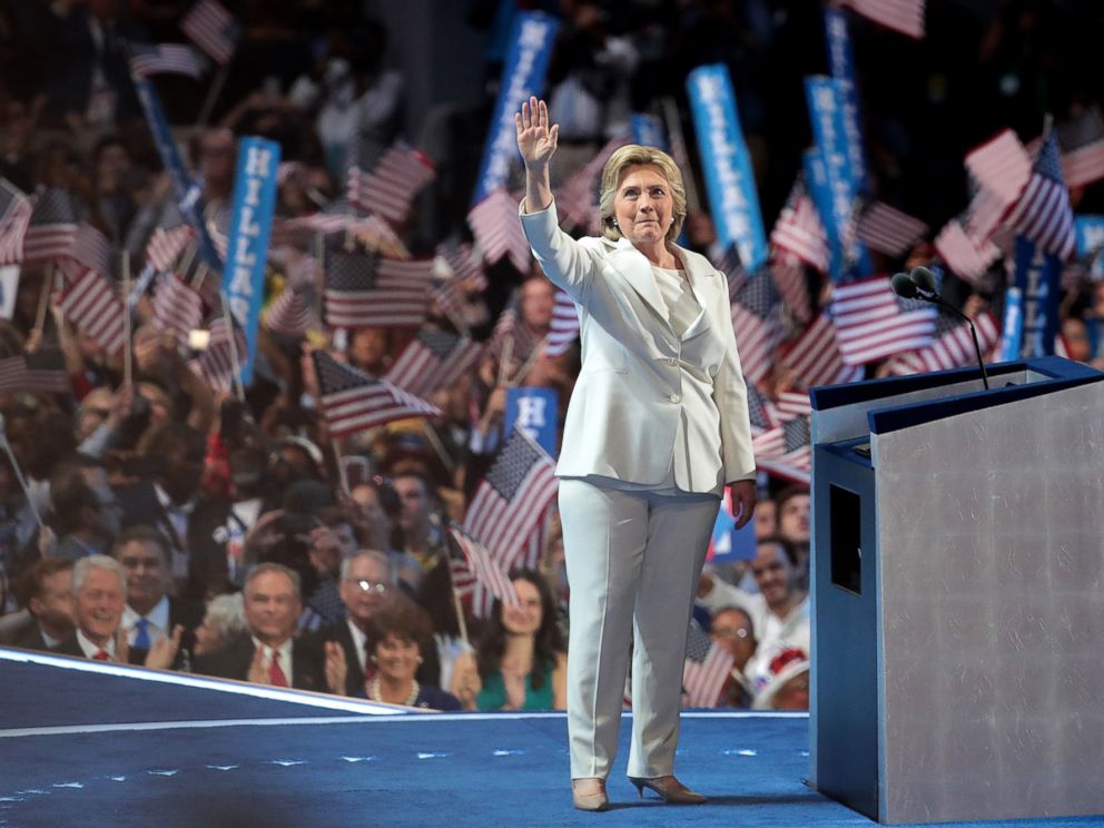 PHOTO: Democratic presidential nominee Hillary Clinton waves to the crowd as she arrives on stage during the fourth day of the Democratic National Convention, July 28, 2016, in Philadelphia.