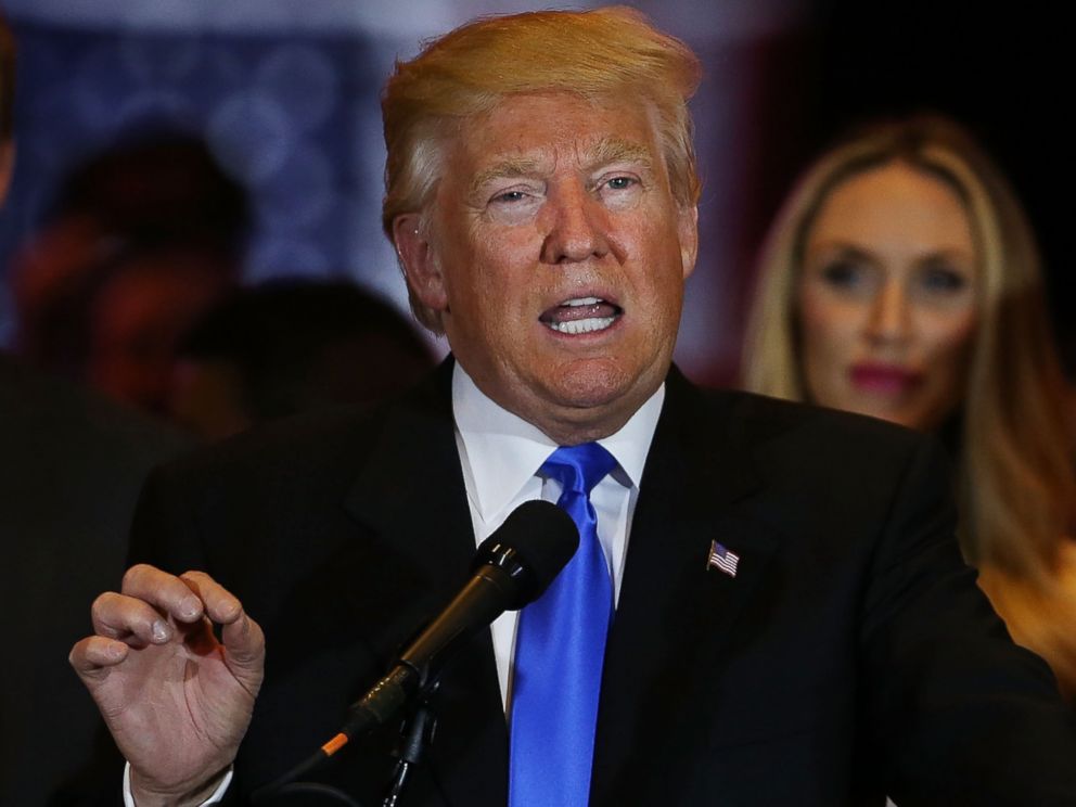 PHOTO: Republican presidential front runner Donald Trump speaks to supporters and the media at Trump Tower in Manhattan following his victory in the Indiana primary on May 03, 2016 in New York.