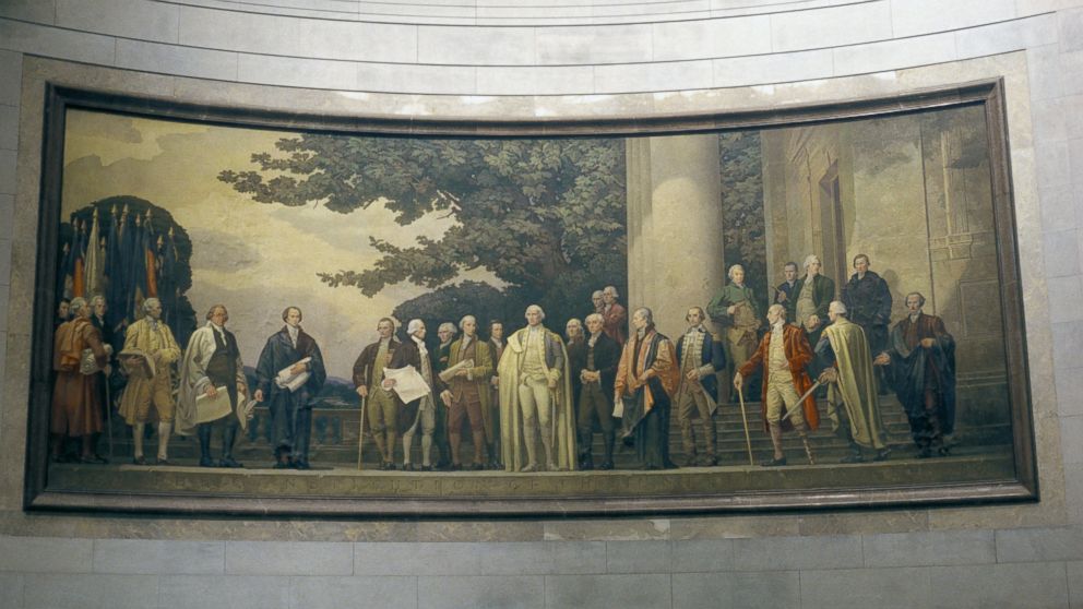 Painting of founding fathers inside the National Archives on Washington.