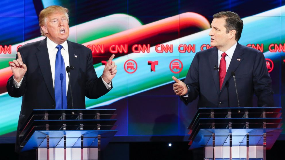 Donald Trump and Sen. Ted Cruz talk over each other in the Republican presidential debate at the Moores School of Music at the University of Houston on Feb. 25, 2016 in Houston.