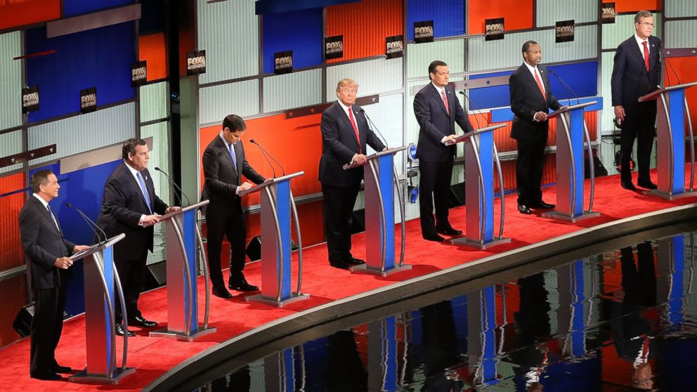 Republican presidential candidates Ohio Governor John Kasich, New Jersey Governor Chris Christie, Sen. Marco Rubio, Donald Trump, Sen. Ted Cruz, Ben Carson and Jeb Bush participate in the Fox Business Network Republican presidential debate at the North Charleston Coliseum and Performing Arts Center on Jan. 14, 2016 in North Charleston, S.C.