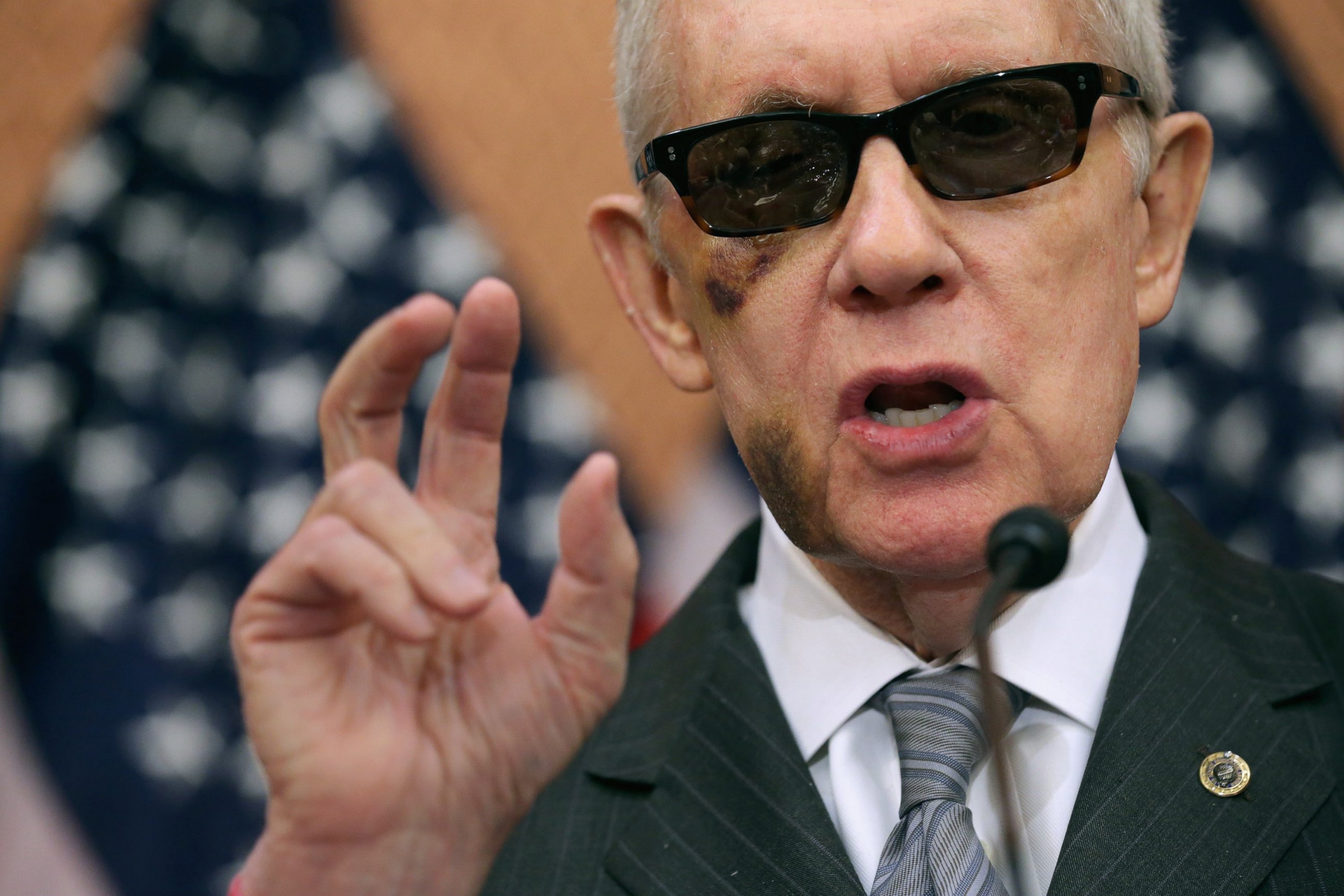PHOTO: Senate Minority Leader Harry Reid accuses Republican Senate leaders of manufacturing the possible shutdown of the Department of Homeland Security during a news conference at the U.S. Capitol, Feb. 24, 2015 in Washington, DC.