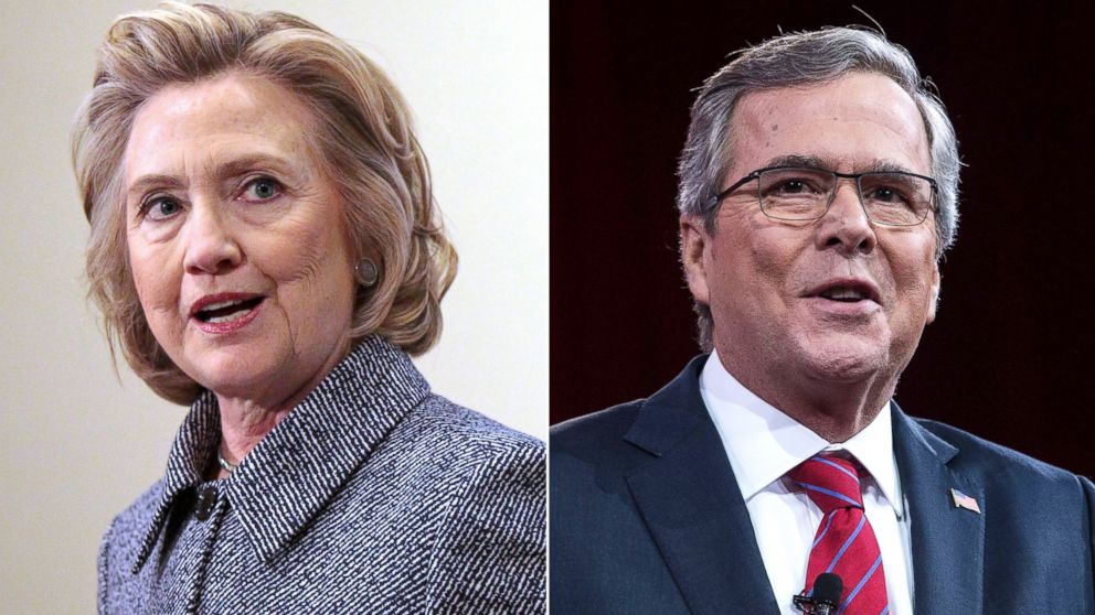 Hillary Clinton speaks in New York on March 10, 2015 and Jeb Bush speaks at National Harbor, Md. on Feb. 27, 2015.