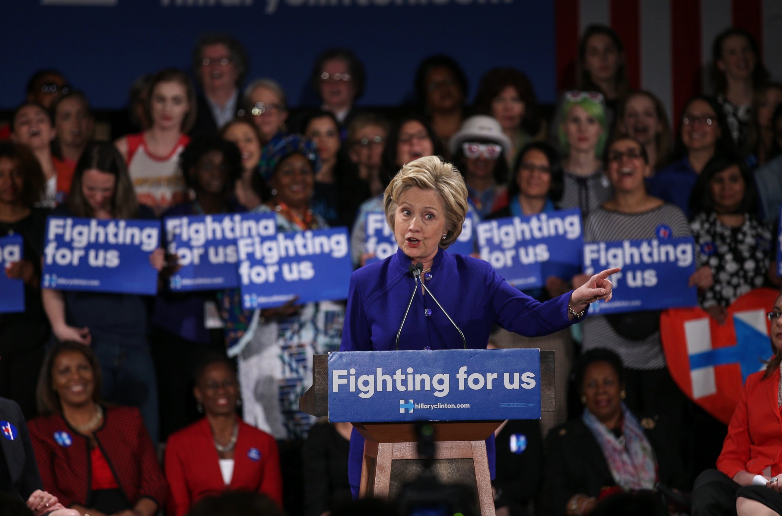 PHOTO:Democratic Presidential Candidate Hillary Clinton gives a speech as she meets with her supporters during a campaign rally themed "Women for Hillary" at Hilton Hotel in New York, April 18, 2016.  